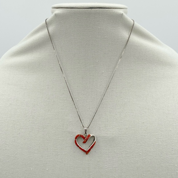 Vintage Sterling Silver Coral Inlay Heart Pendant Necklace - Picture 2 of 10